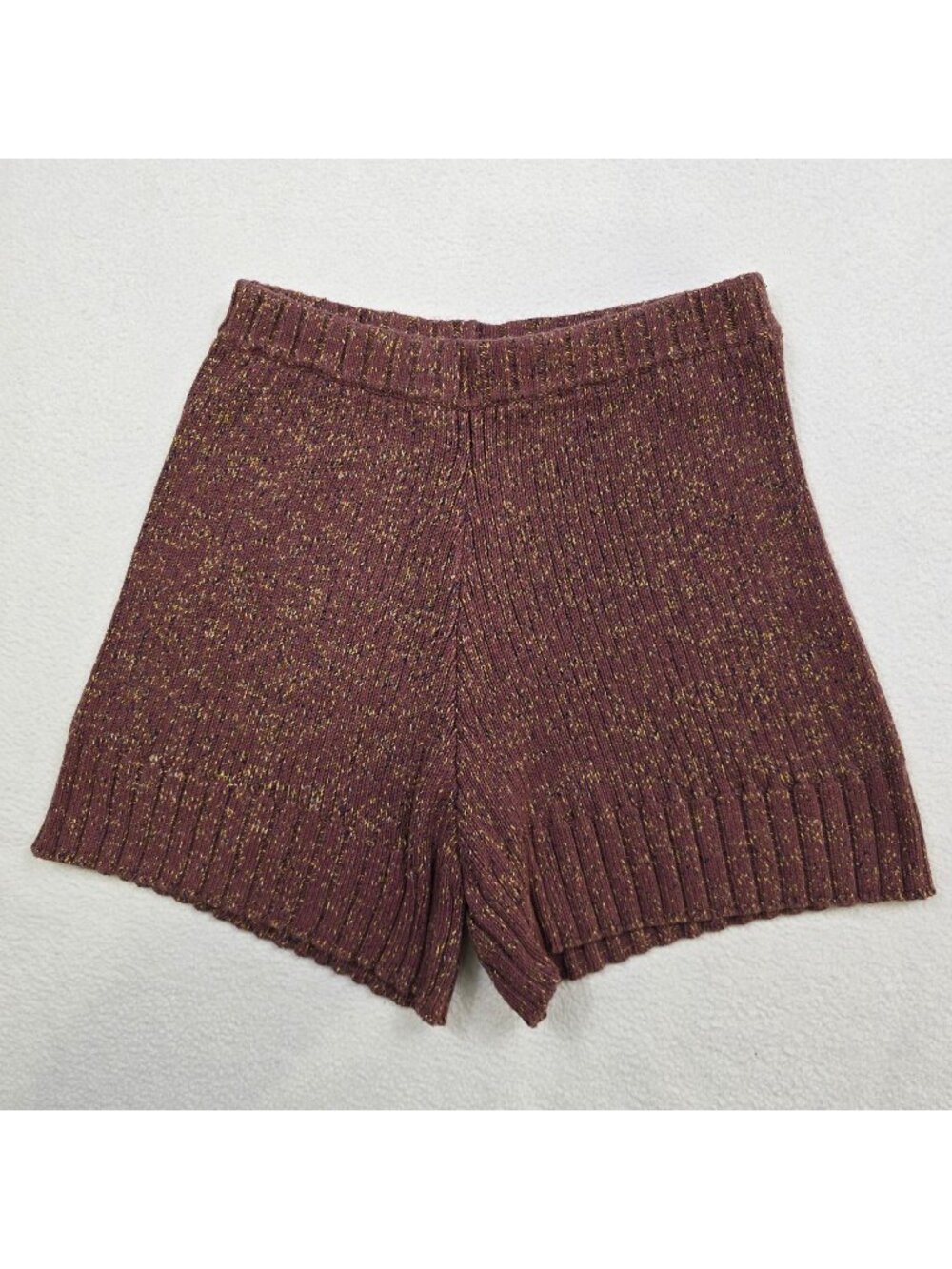 FP Beach Free People M Womens Knit High-Rise Shorts Brown Yellow Ribbed Cotton